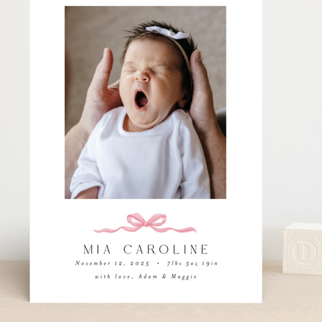 "Sweet Bow" - Birth Announcements in Cotton Candy by Paula Pecevich - Front