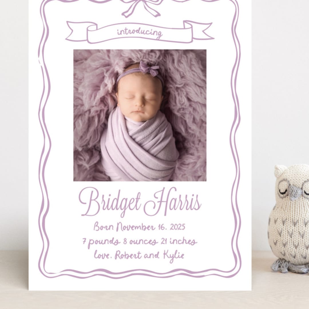"Bow Frame" - Birth Announcements in Lavander by Cass Loh - Front