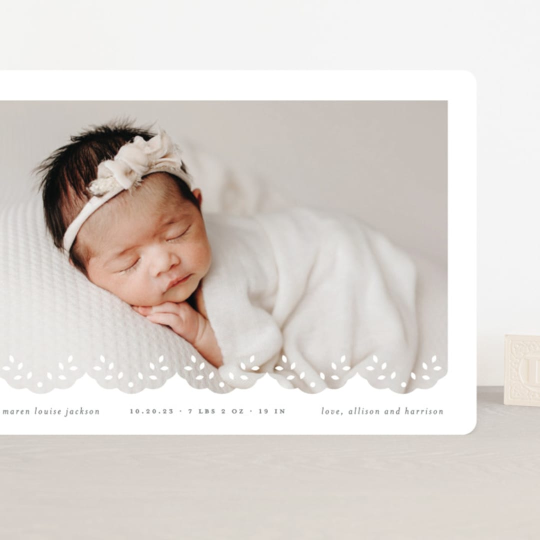 "Eyelet" - Birth Announcements in Taupe by Lauren Chism - Front