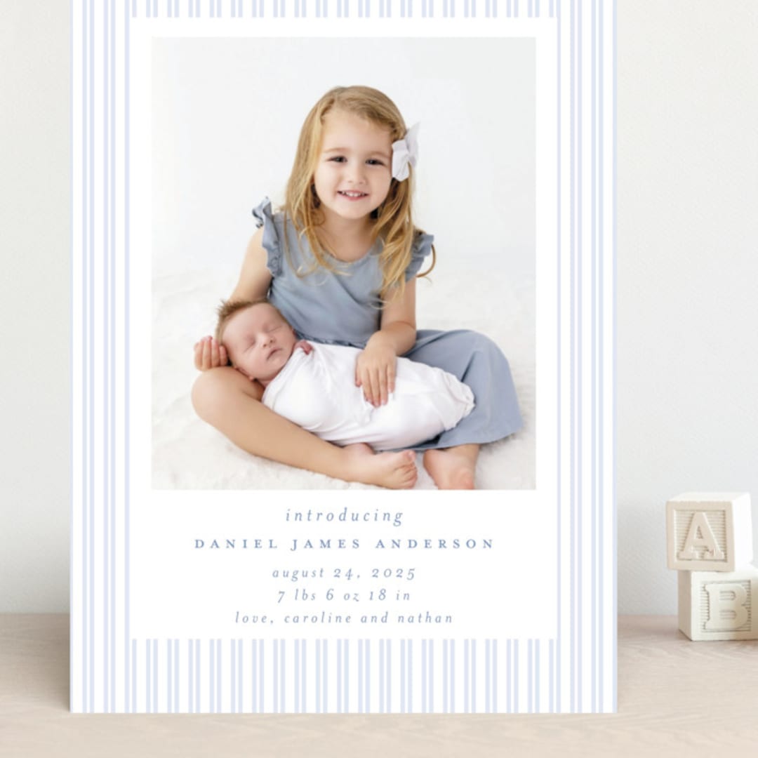 "Pinstripe Frame" - Birth Announcements in Sky by Jennifer Holbrook - Front
