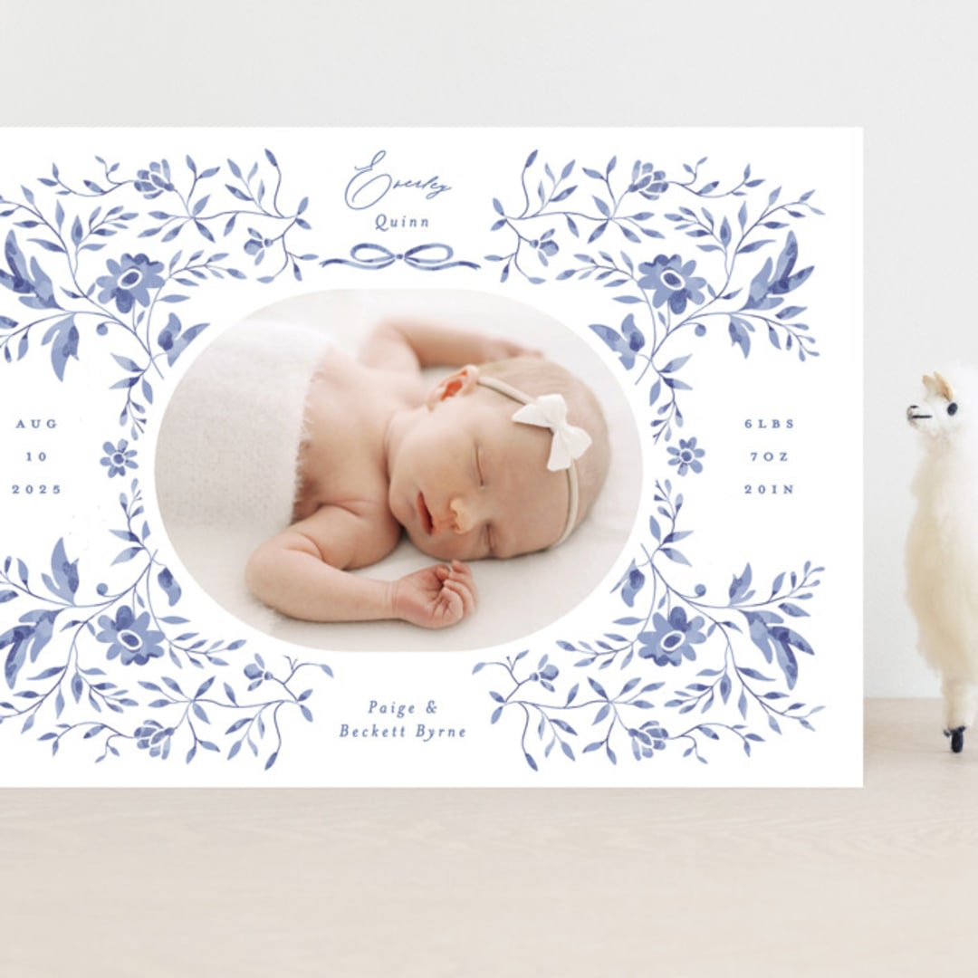 "Daisy Toile" - Birth Announcements in Bluebird by Susan Zinader - Front