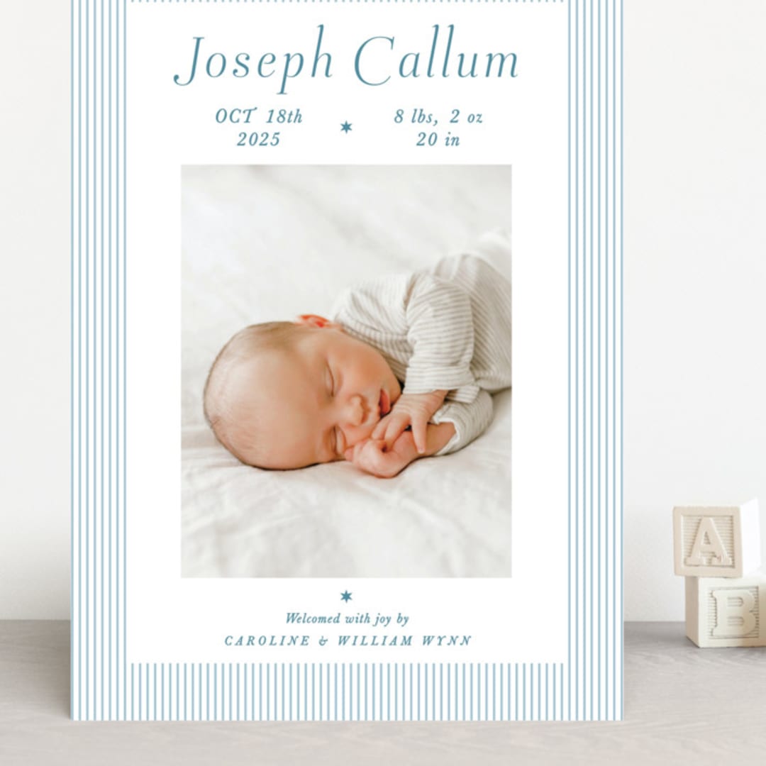 "Sweet Stripes" - Birth Announcements in Baby Blue by Alston Foster - Front