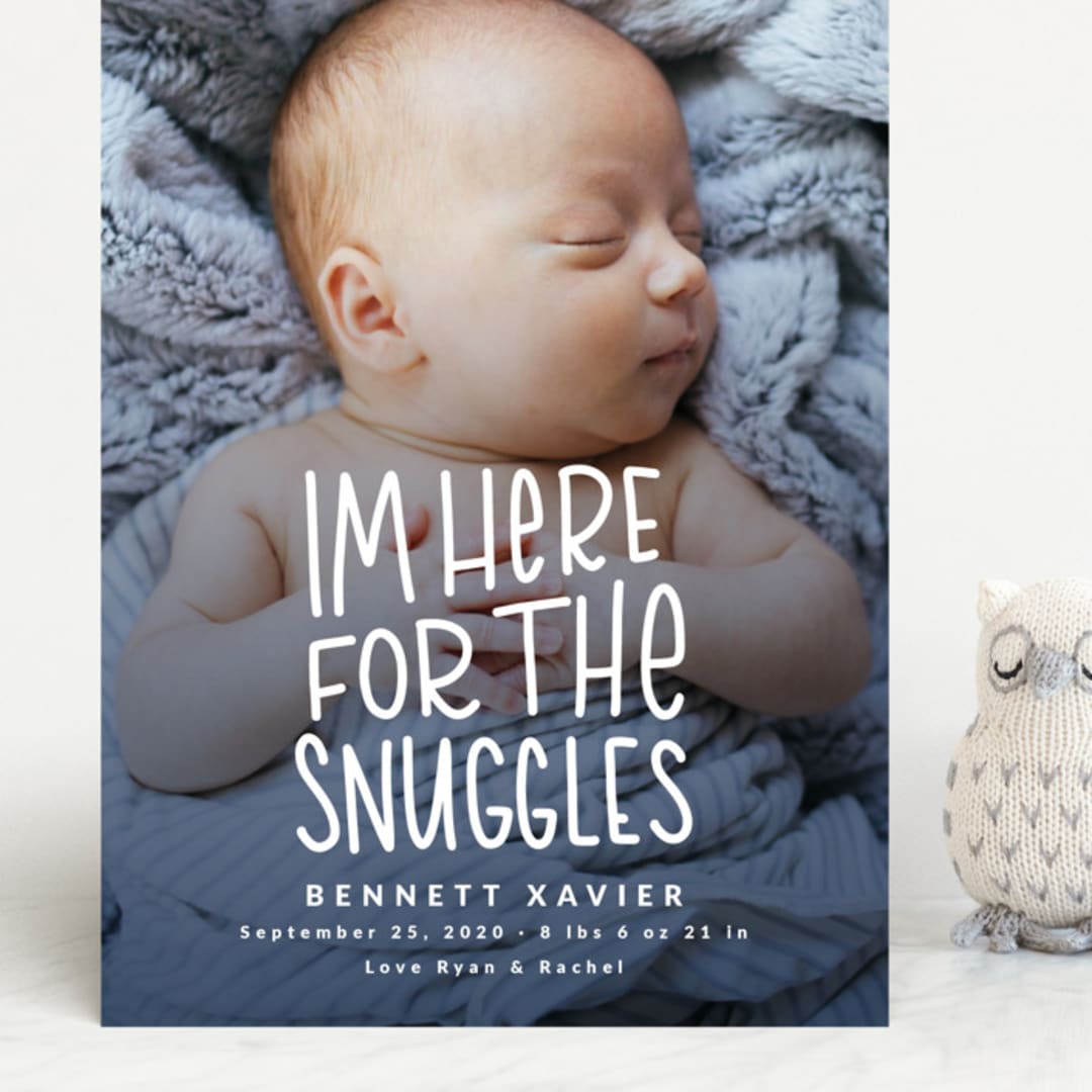 "Snuggles" - Birth Announcements in Dusty Blue by Megan Cash - Front
