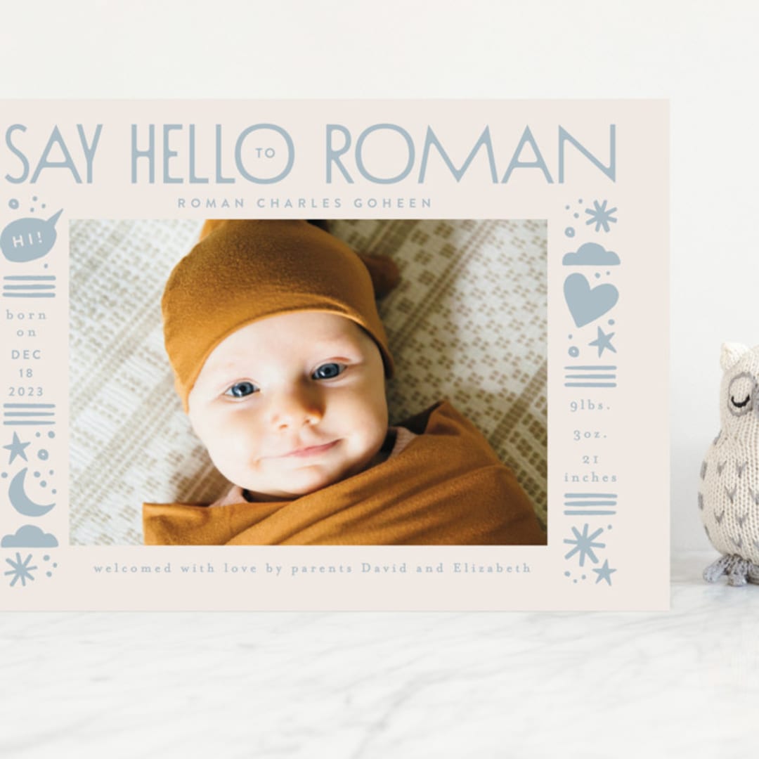 "Quirky Hello" - Birth Announcements in Powder Blue by Alethea and Ruth - Front