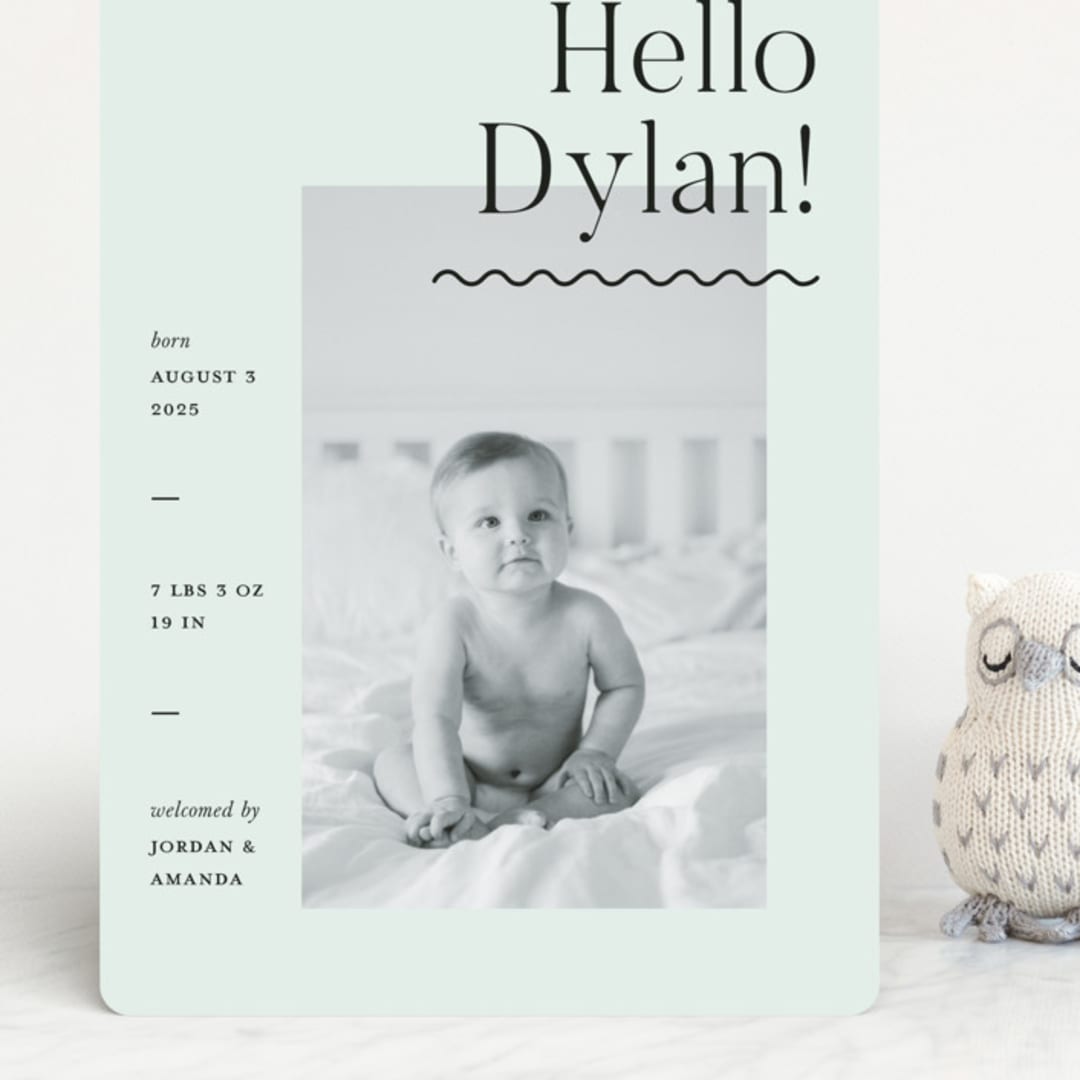 "Wavy Hello" - Birth Announcements in Moss by Pixel and Hank - Front