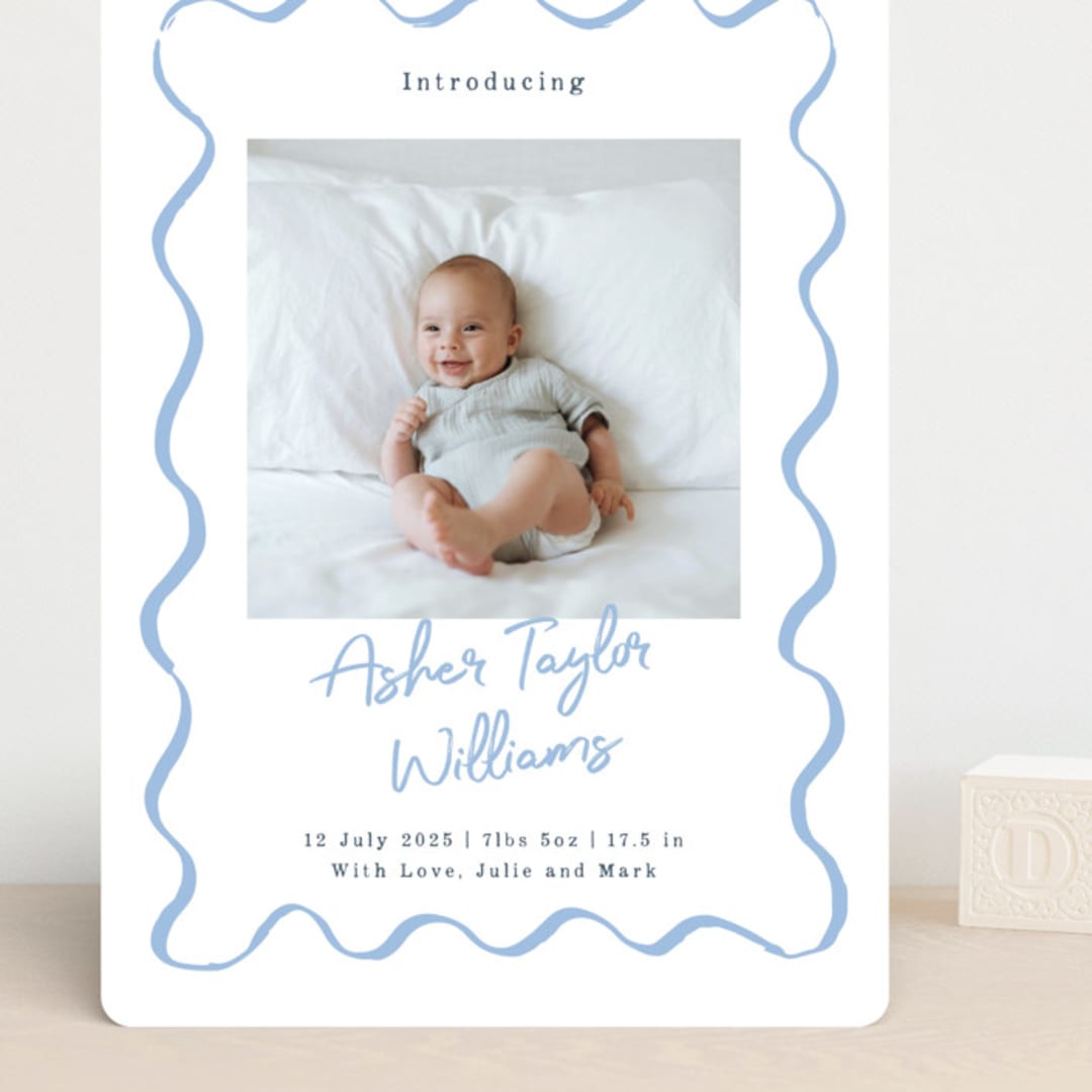 "handdrawn wavy frame" - Birth Announcements in Dusty Blue by Cass Loh - Front