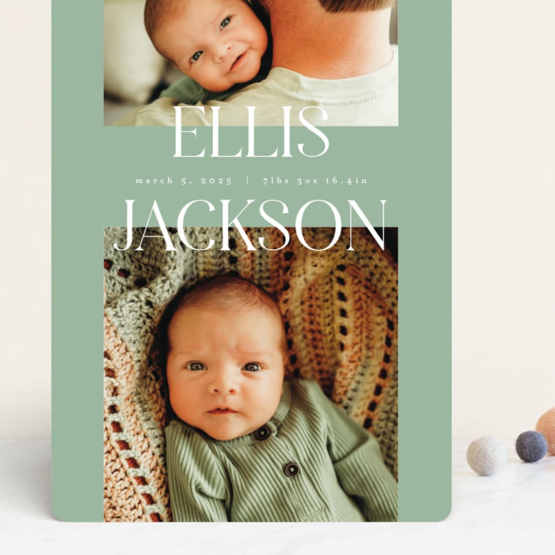 "Double Time" - Birth Announcements in Aloe by Pixel and Hank - Front