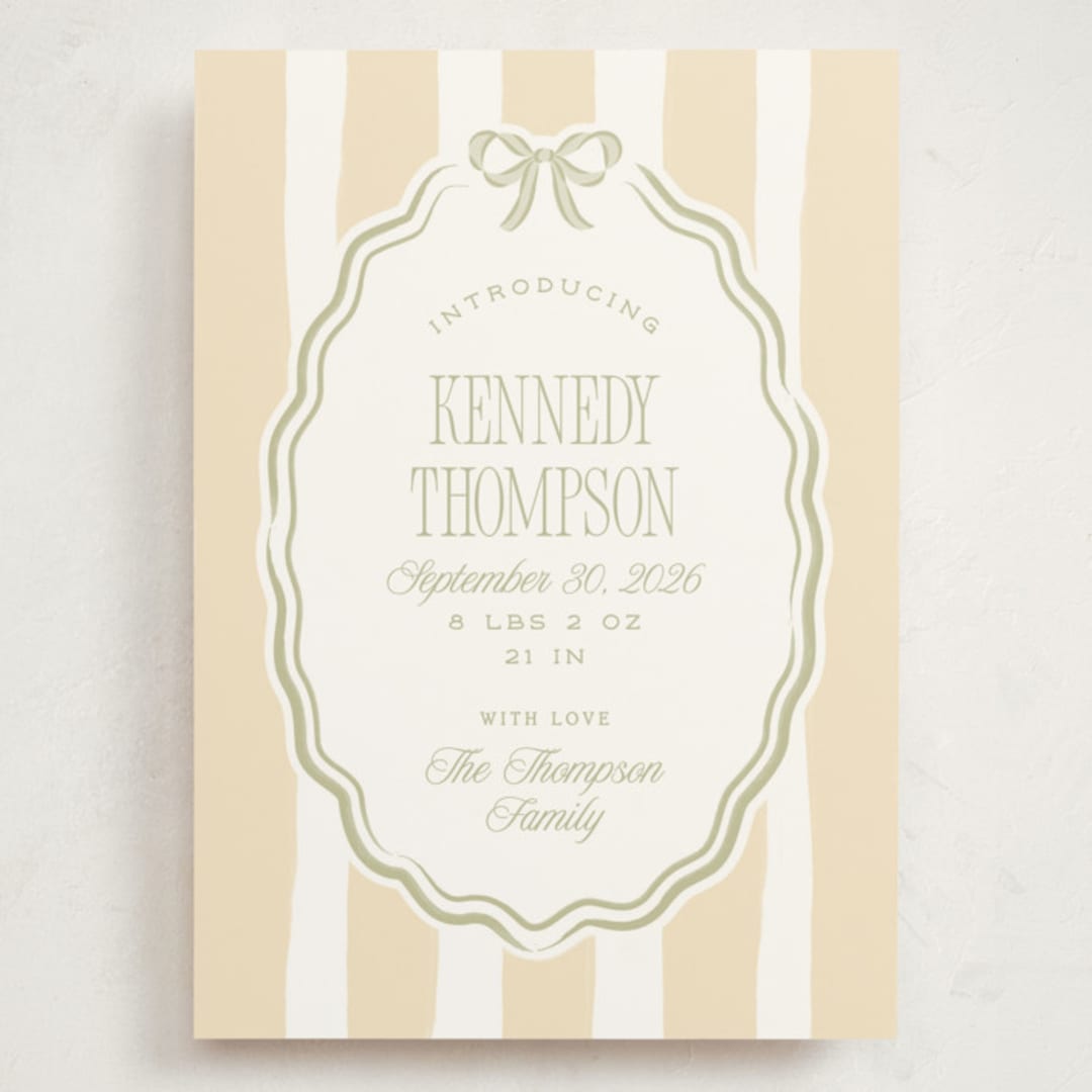 "Bow Frame" - Birth Announcements in Sage by Robert and Stella - Front