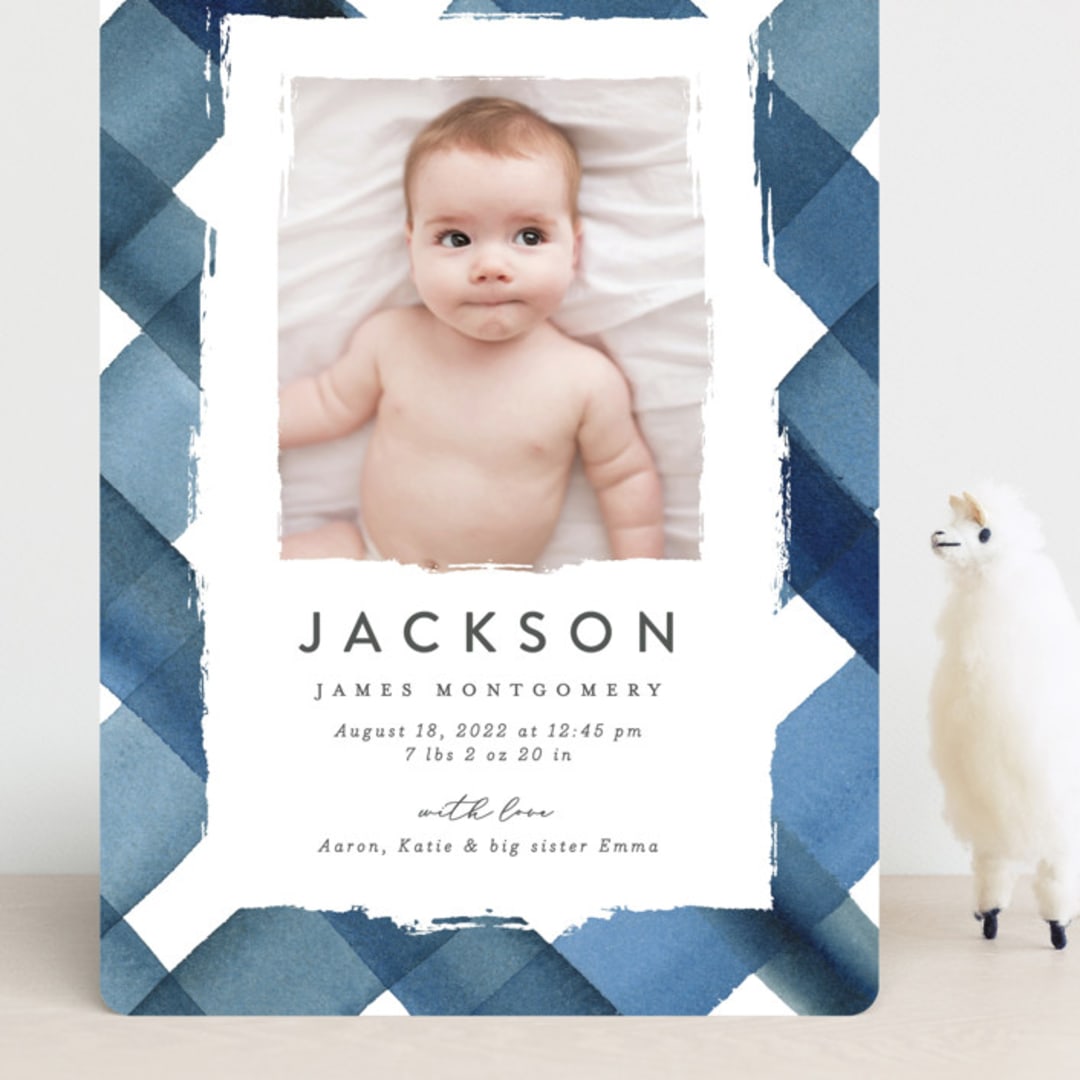 "Painted Plaid" - Birth Announcements in Denim by Erica Krystek - Front