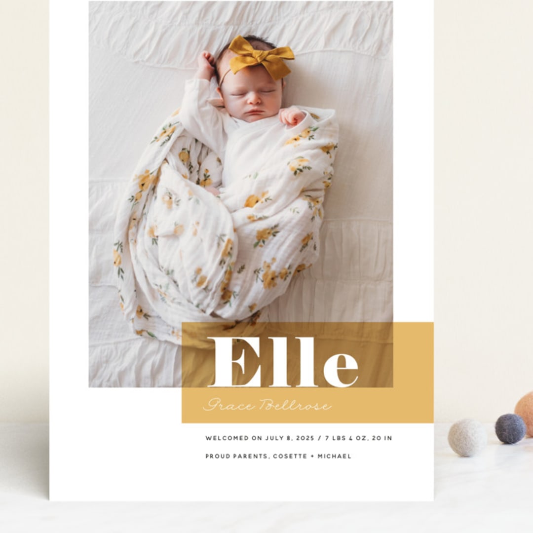 "Magazine Block" - Birth Announcements in Marigold by Maria Hilas-Louie - Front