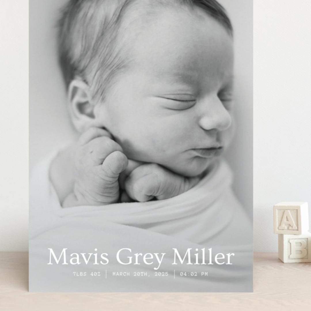 "simple in serif" - Birth Announcements in Snow by Bramble Studio - Front