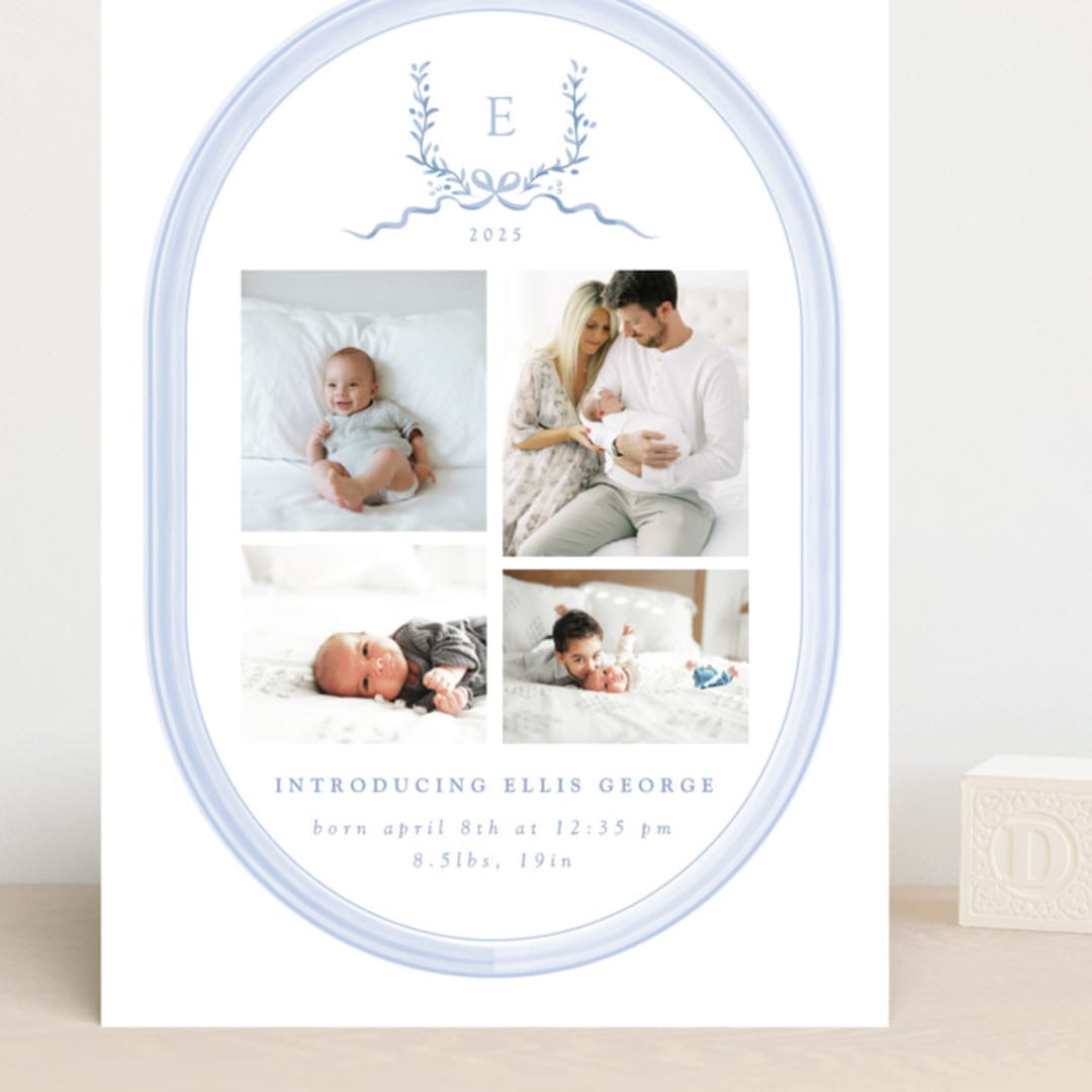 "Festive Monogram" - Birth Announcements in Frost by Corinne Malesic - Front
