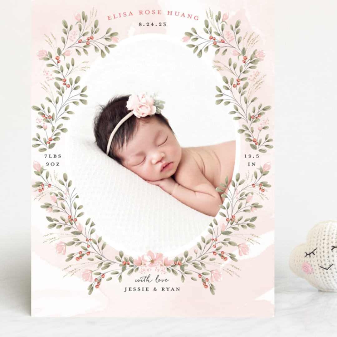 "Sweet Floral Vine" - Birth Announcements in Blush by Susan Moyal - Front