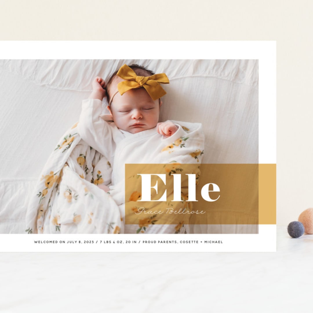 "Magazine Block" - Birth Announcements in Marigold by Maria Hilas-Louie - Front