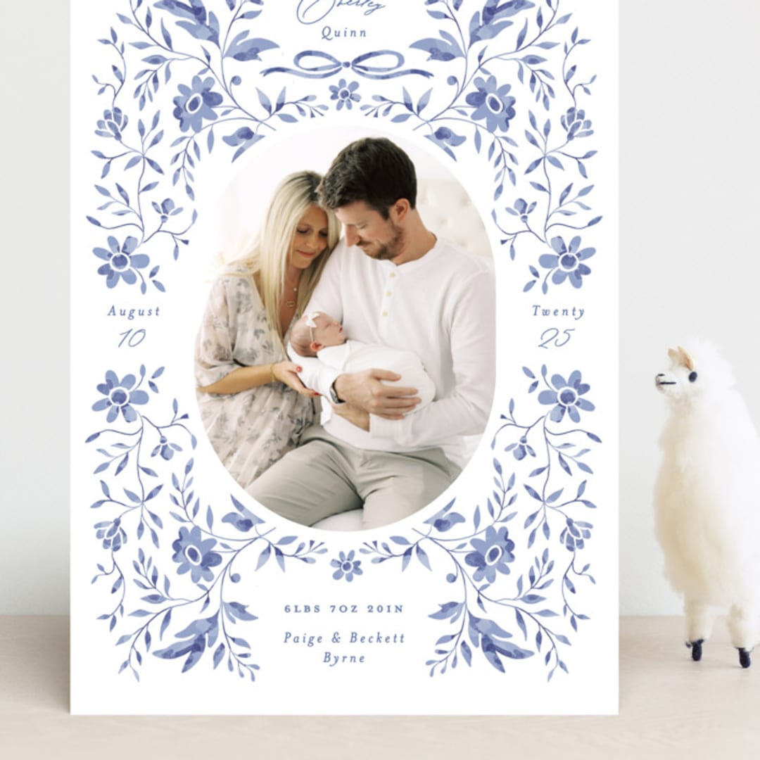 "Daisy Toile" - Birth Announcements in Bluebird by Susan Zinader - Front