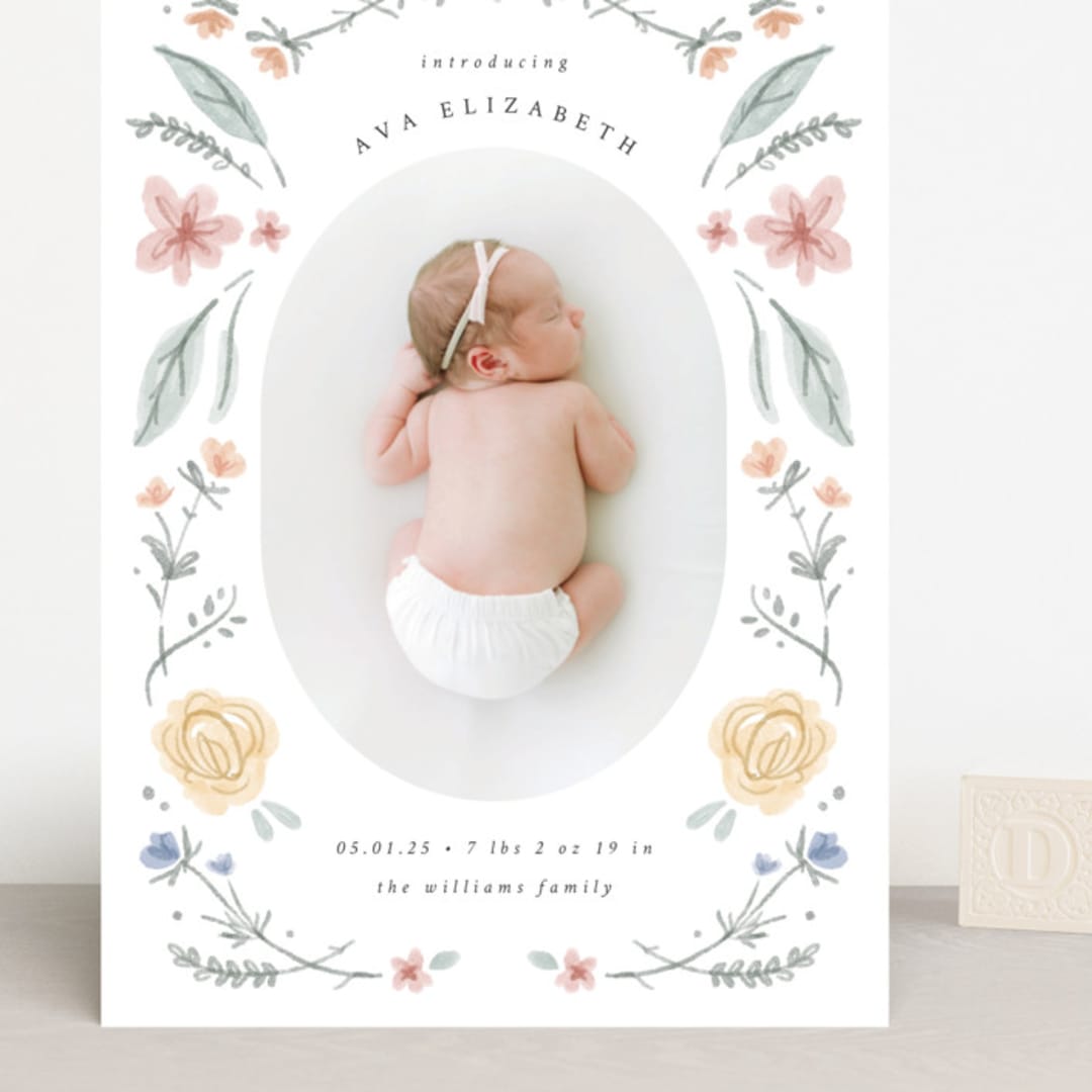 "Le Jardin" - Birth Announcements in Meadow by Emily Sabol Goss - Front