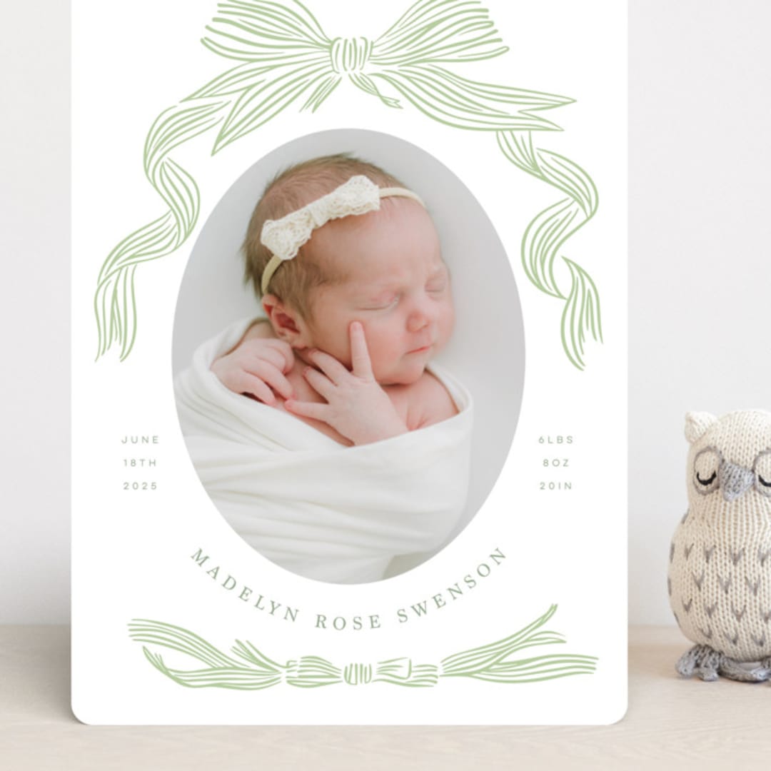 "Ribbon Bow Frame" - Birth Announcements in Mint by Stephanie Hawkes - Front