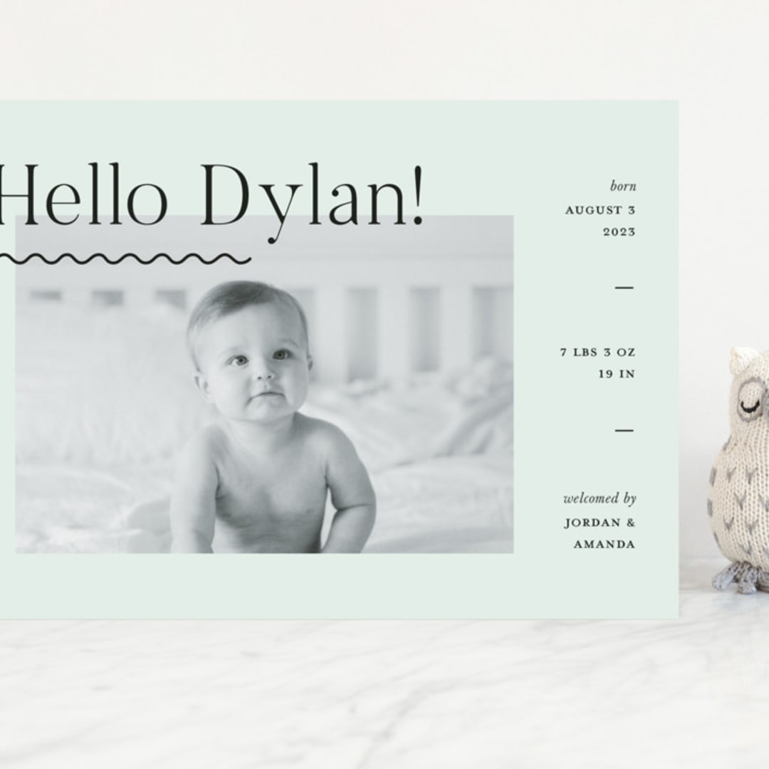 "Wavy Hello" - Birth Announcements in Moss by Pixel and Hank - Front
