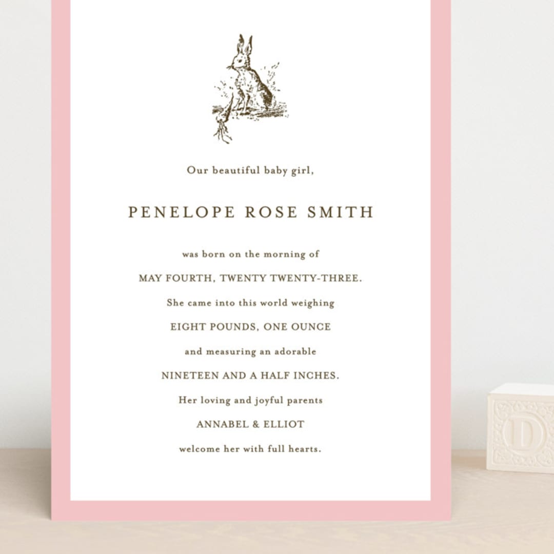 "Classic Bunny" - Birth Announcements in Blush by Megan Davis - Front