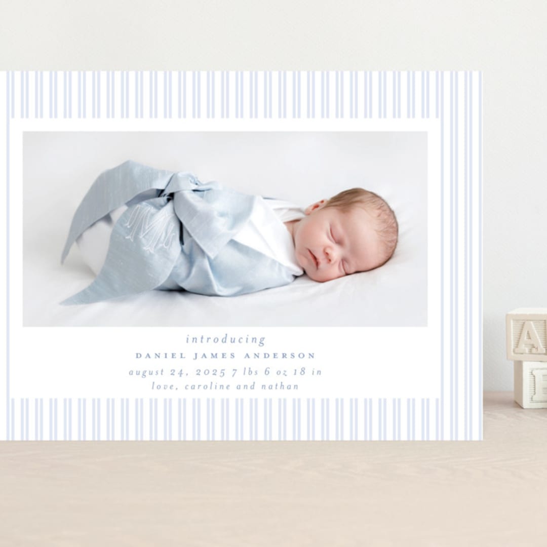 "Pinstripe Frame" - Birth Announcements in Sky by Jennifer Holbrook - Front