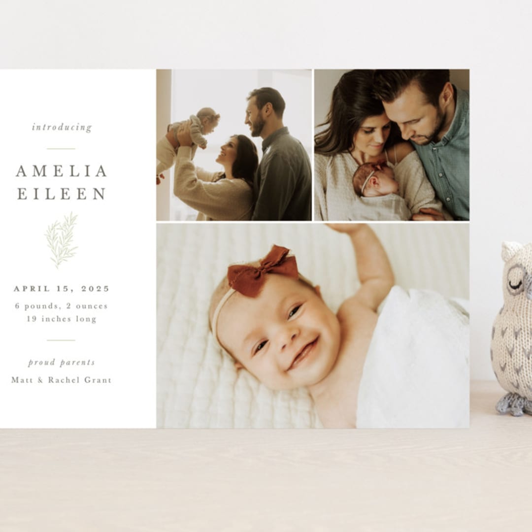 "Tiny Sprig" - Birth Announcements in Sage by Sarah Brown - Front