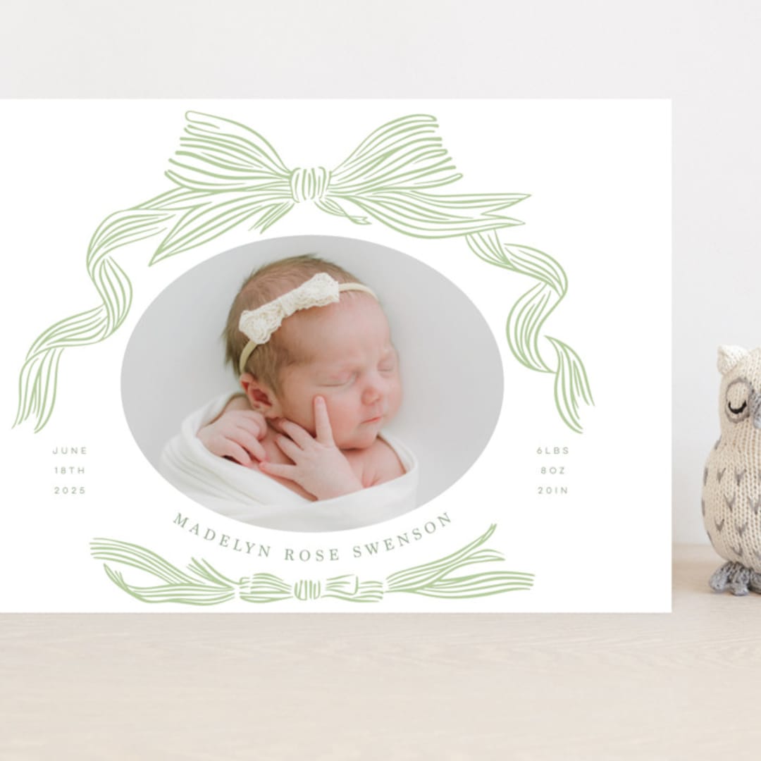 "Ribbon Bow Frame" - Birth Announcements in Mint by Stephanie Hawkes - Front