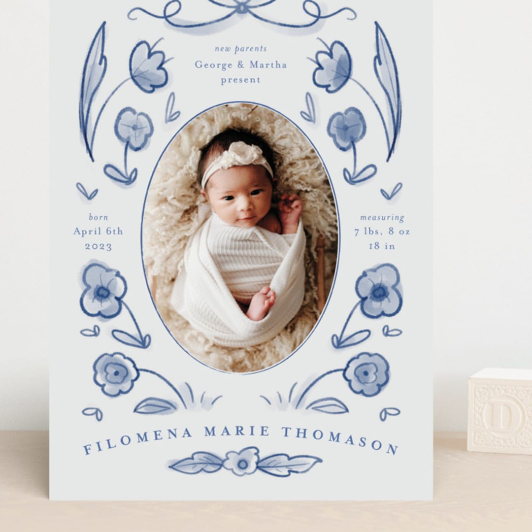 "Painted Flowers" - Birth Announcements in Delft Blue by Ani Somi - Front