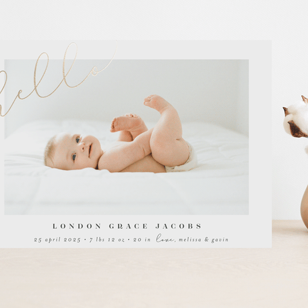"Angled Hello" - Birth Announcements in Warm Grey by Shirley Lin Schneider - Front