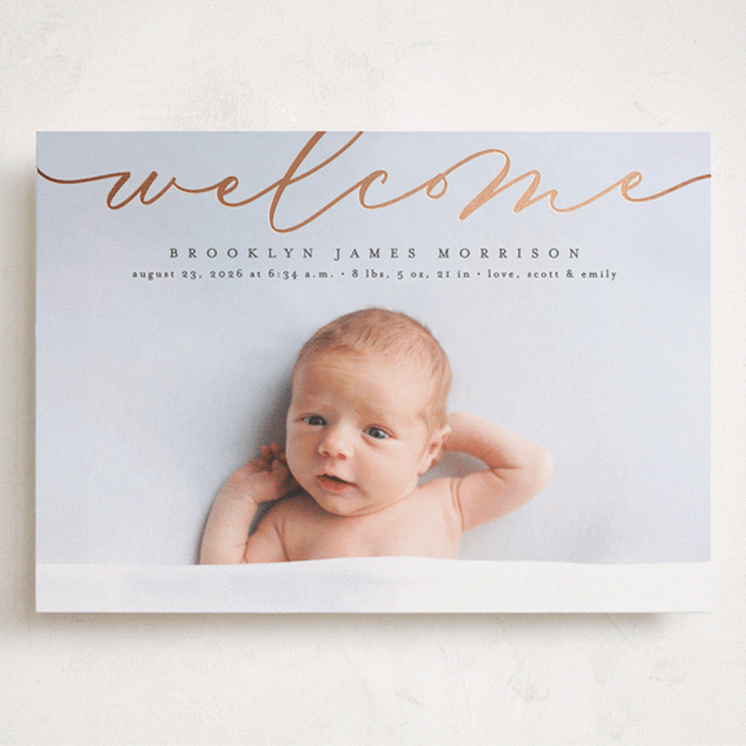 "Welcome Ribbon" - Birth Announcements in Charcoal by Erica Krystek - Front