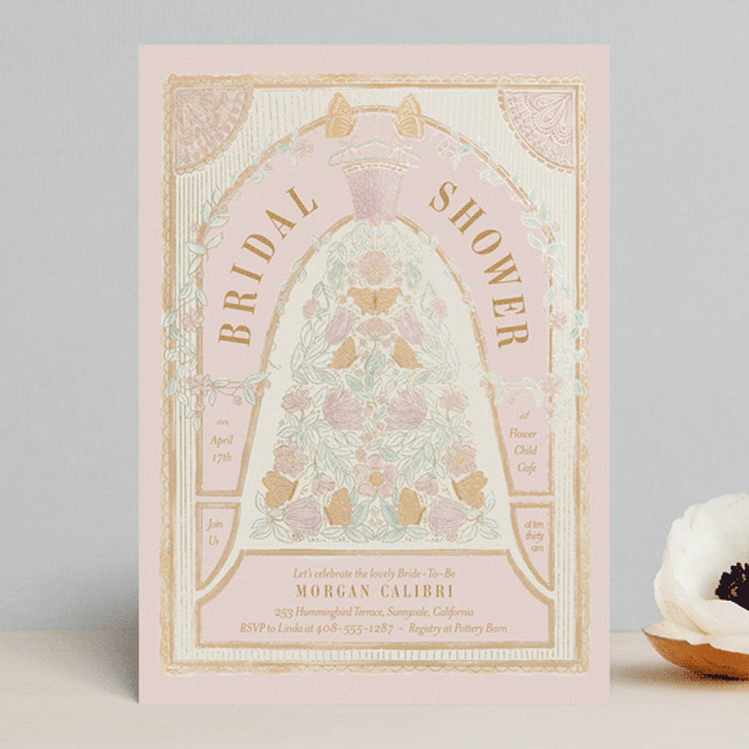 "Gilded Bridal Gown" - Bridal Shower Invitations in Romantic Rose by Simona Camp - Front