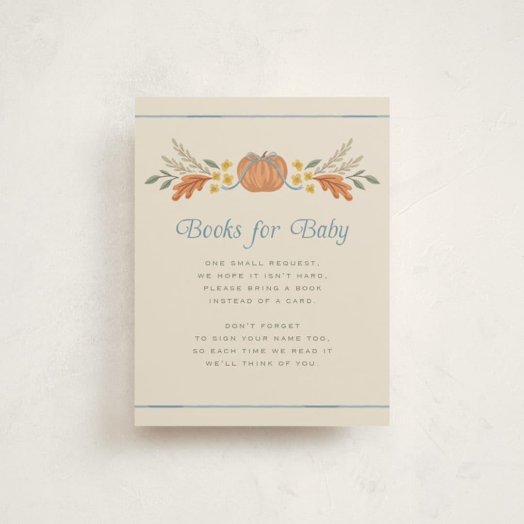 "Pumpkins + Bows" - Baby Shower Insert Cards in Cornflower by Laura Hankins - Front