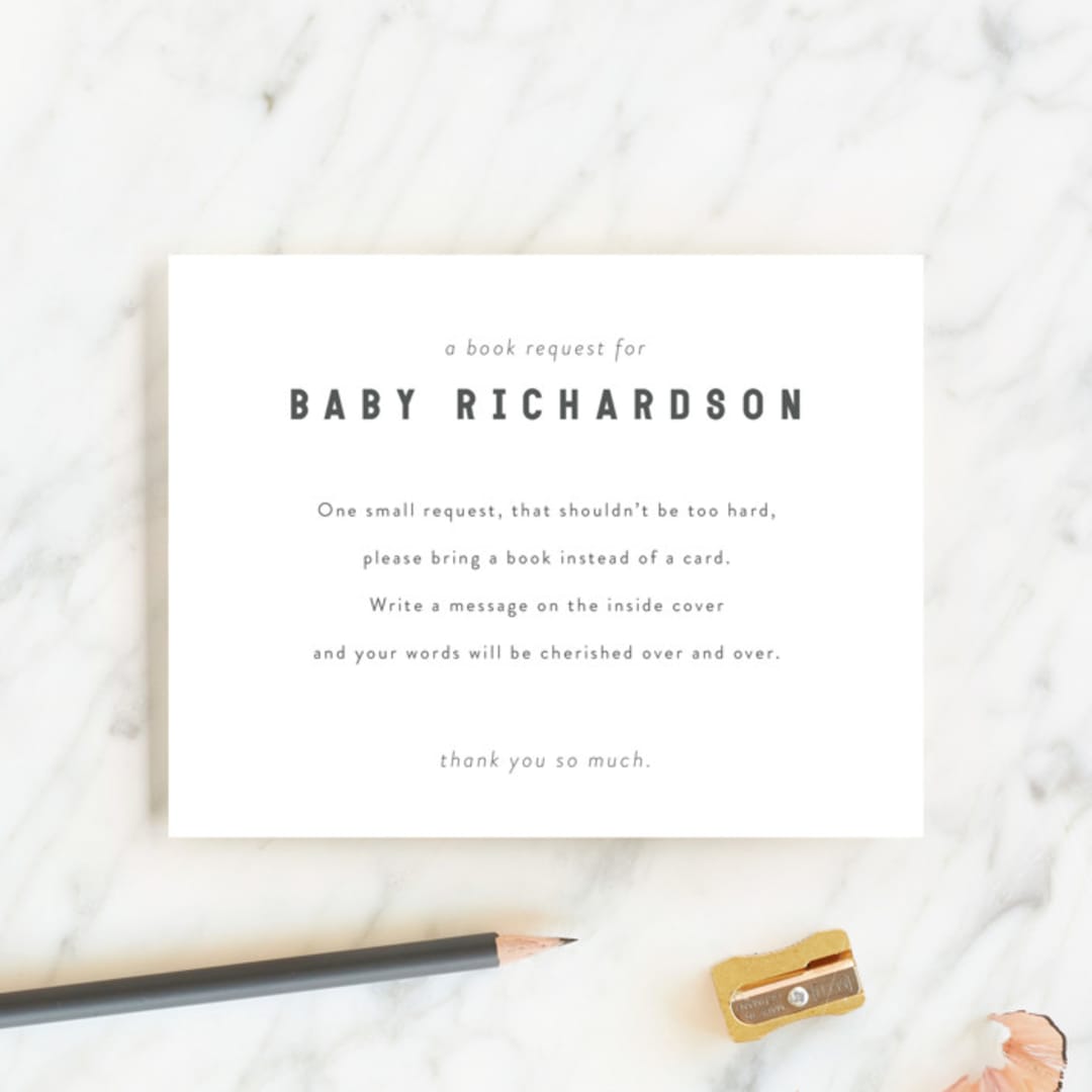 "Modern Book Request" - Baby Shower Insert Cards in Baby Powder by Minted - Front