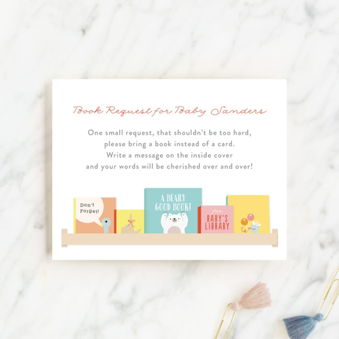 "Modern Book Shelf" - Baby Shower Insert Cards in Brights by Itsy Belle Studio - Front