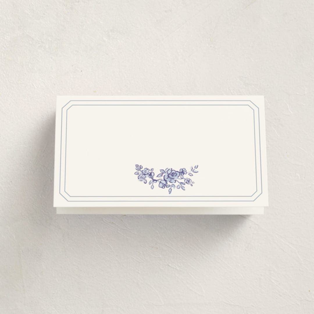 "watercolor flowers crest" - Fill-in Place Cards in Dusty Blue by Cass Loh - Blank Front
