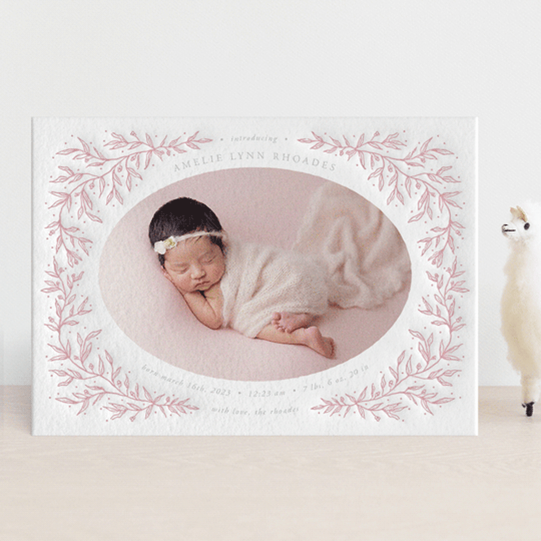 "Delicate Dream" - Letterpress Birth Announcements in Blush by ASQ Studio - Front