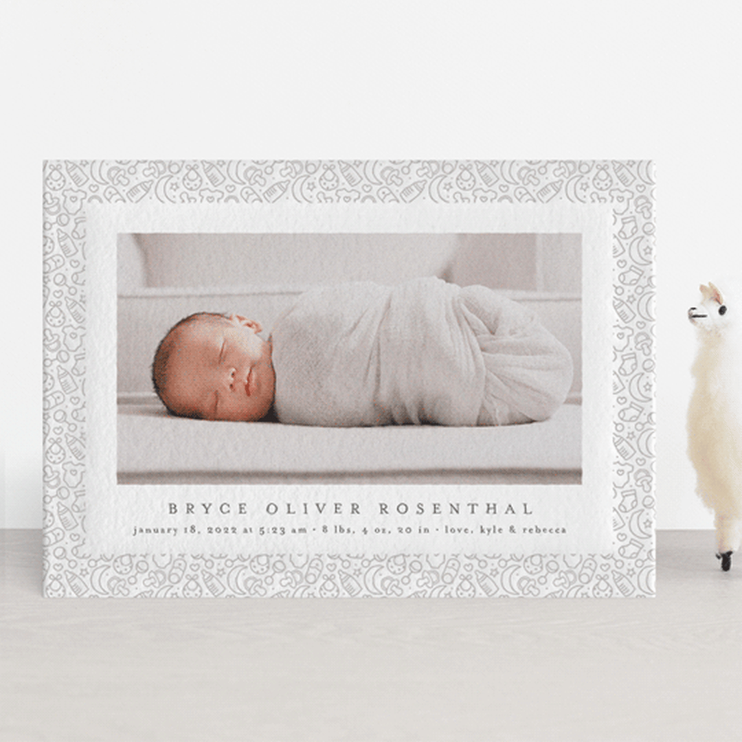 "Charming Trim" - Letterpress Birth Announcements in Moon by Erica Krystek - Front