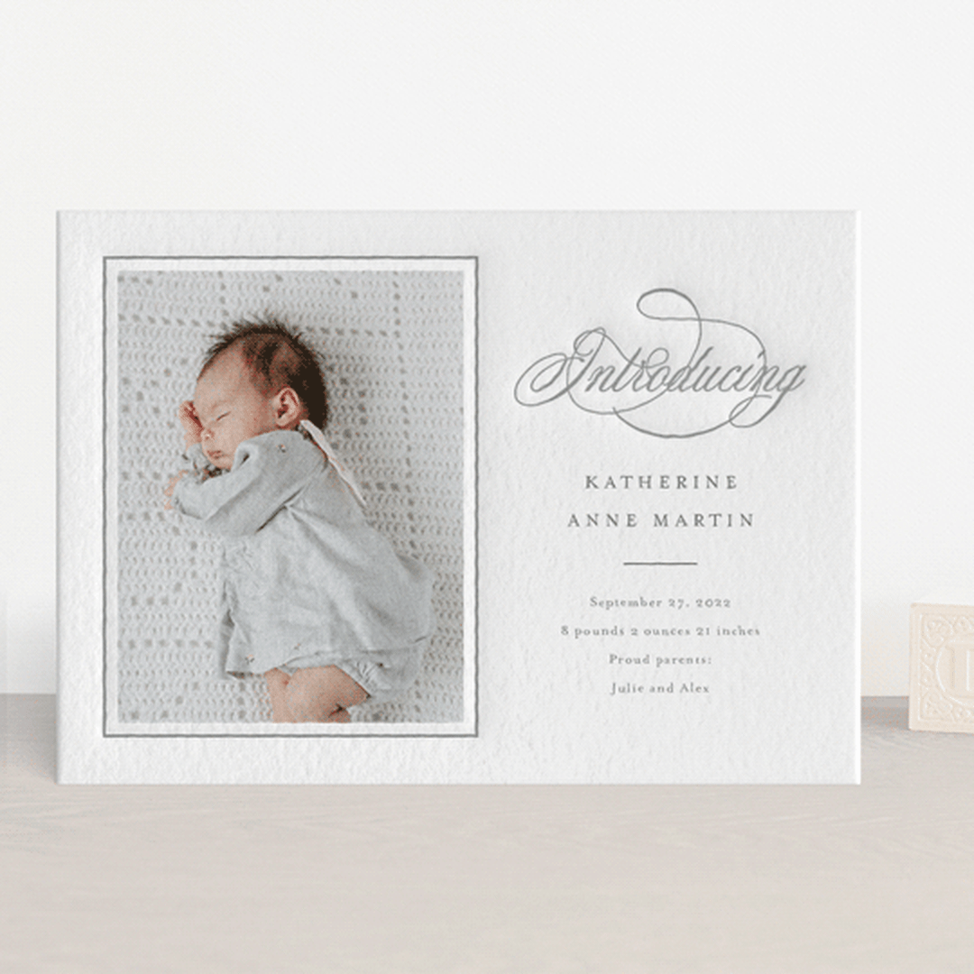 "Sweet Traditions" - Letterpress Birth Announcements in Moon by Carolyn MacLaren - Front
