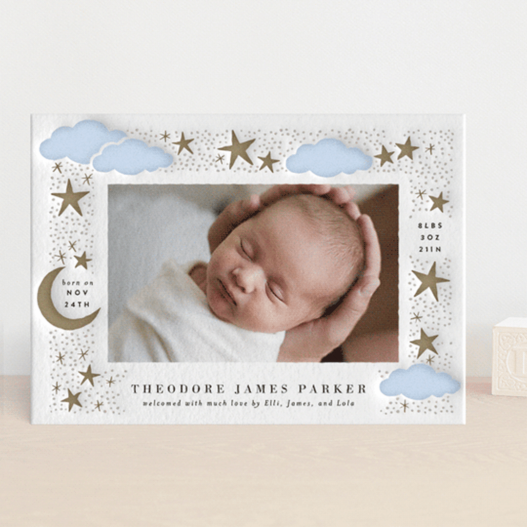 "Nighttime" - Letterpress Birth Announcements in Cloud by Alethea and Ruth - Front