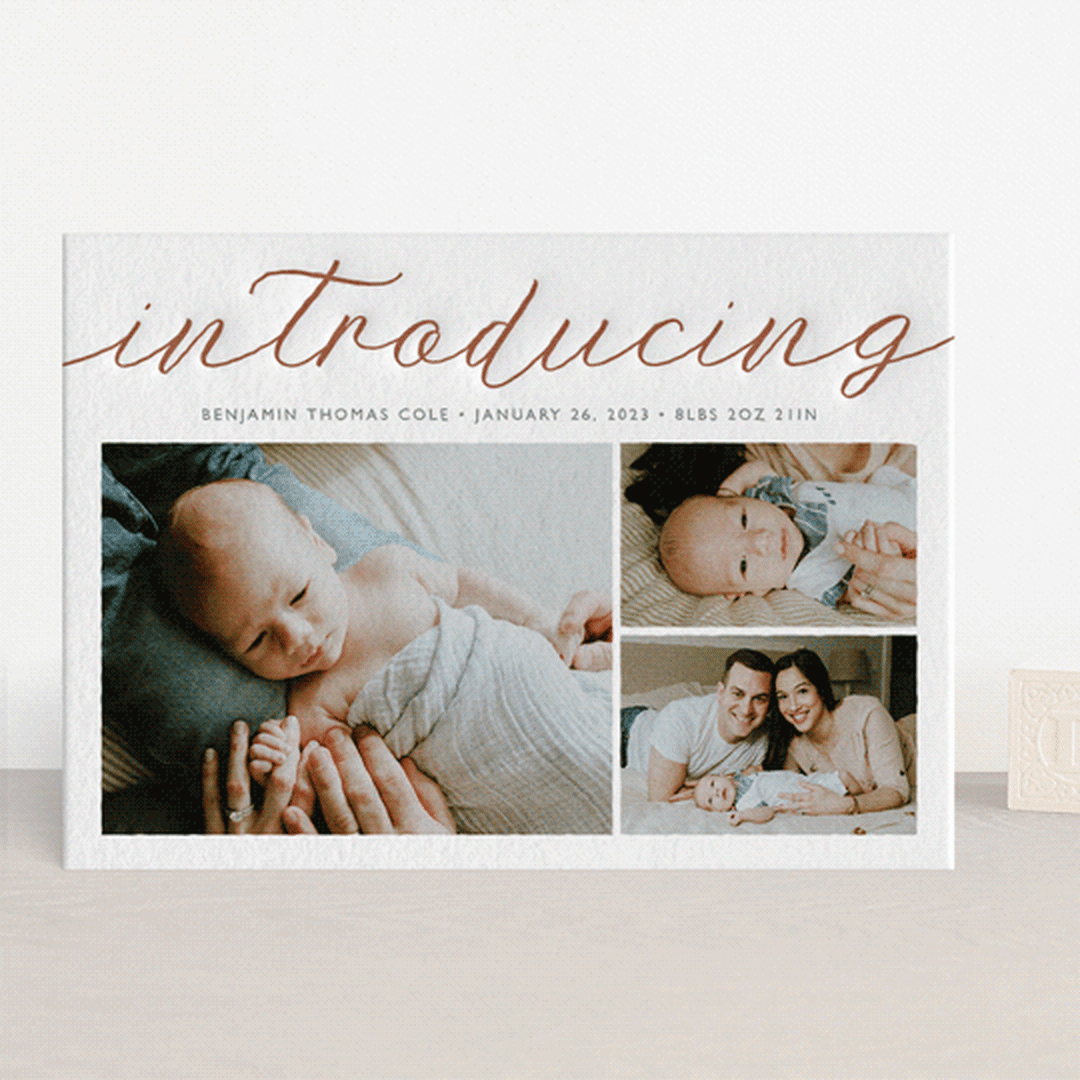 "Big Introductions" - Letterpress Birth Announcements in Latte by Carolyn MacLaren - Front