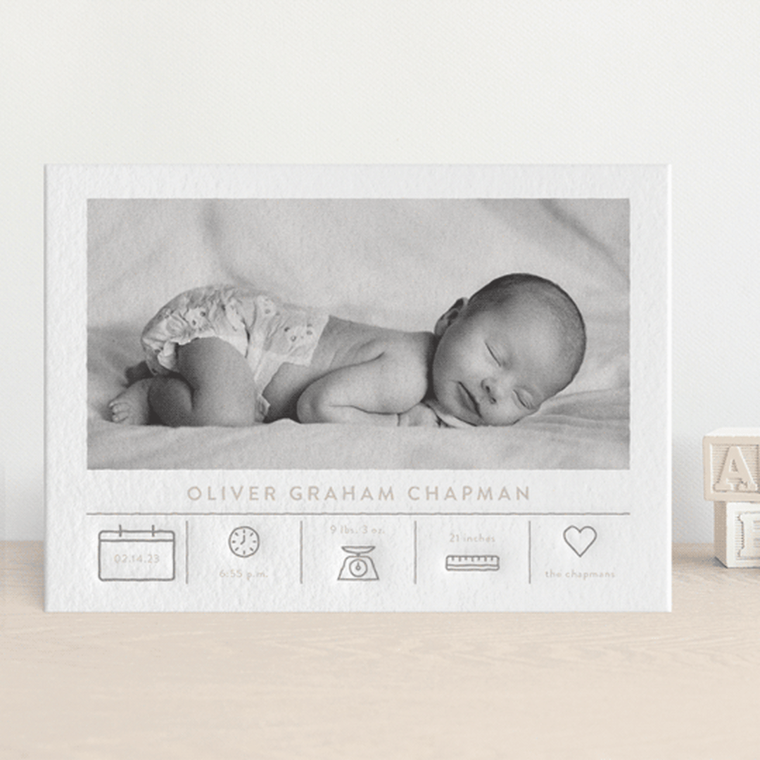 "Iconic Introduction" - Letterpress Birth Announcements in Dove by Alexandra Cohn - Front