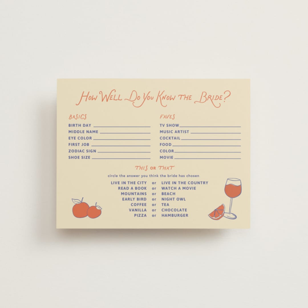 "A Bridal Spritz" - Bridal Shower Insert Cards in Persimmon by Kelly Watkins - Front