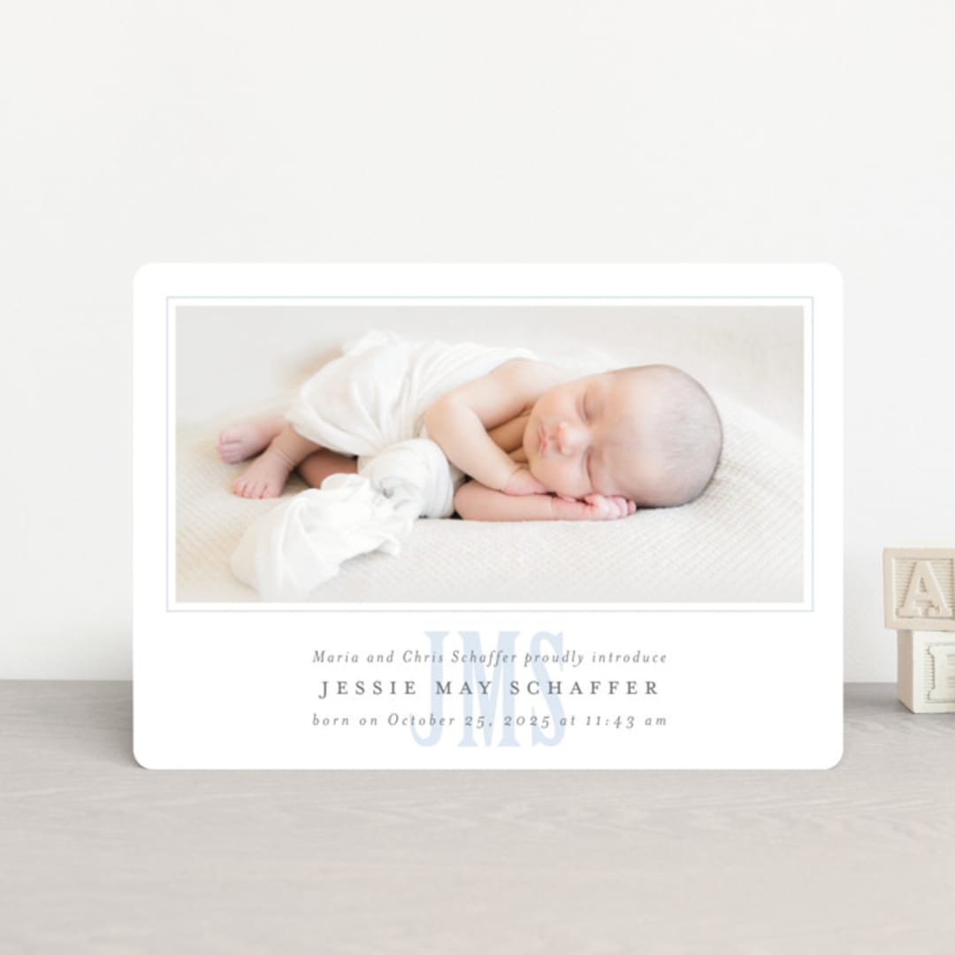 "Classic Monogram" - Birth Announcements in Sky by Erin Hodges - Front