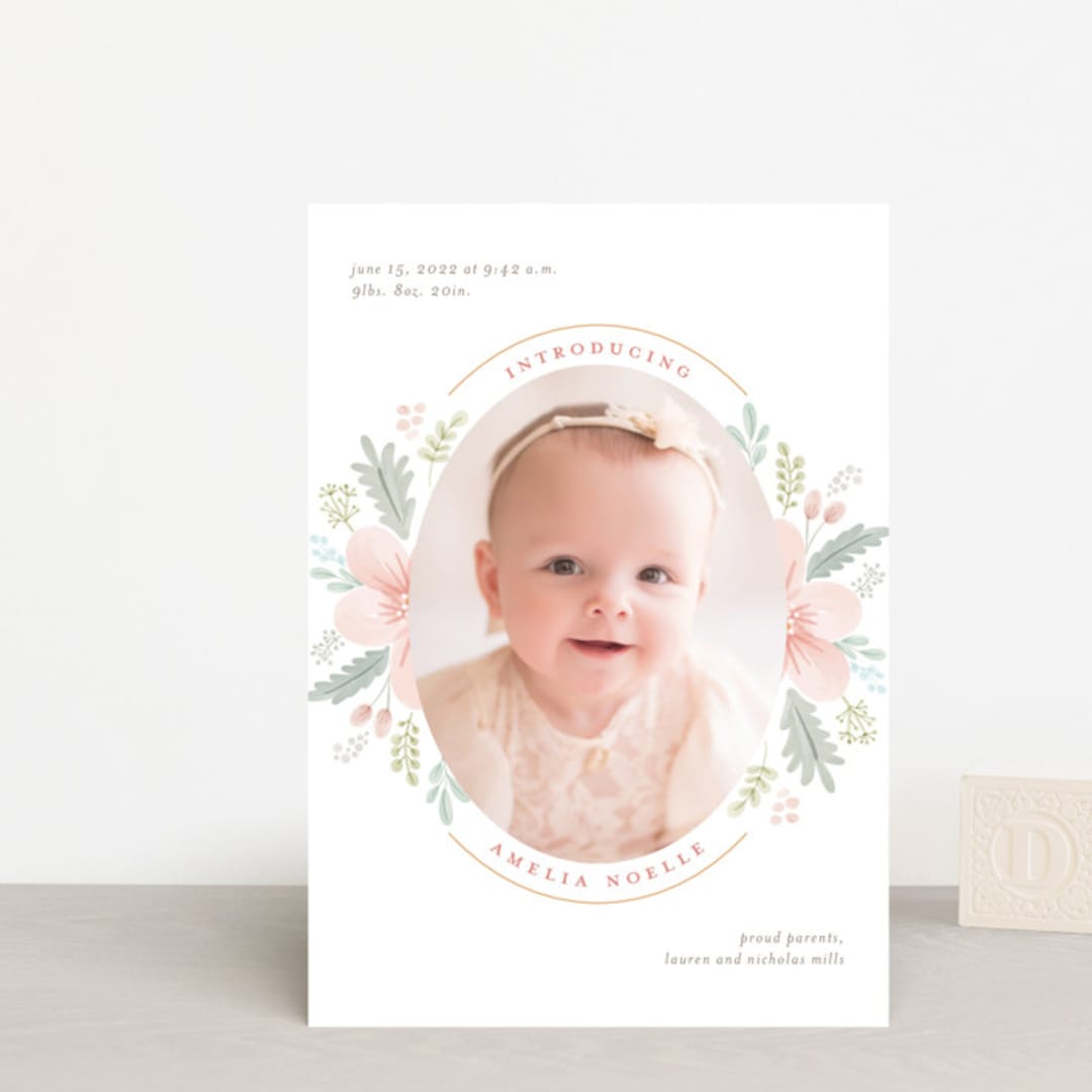 "Darling Posy" - Birth Announcements in Blush by Nicole Barreto - Front