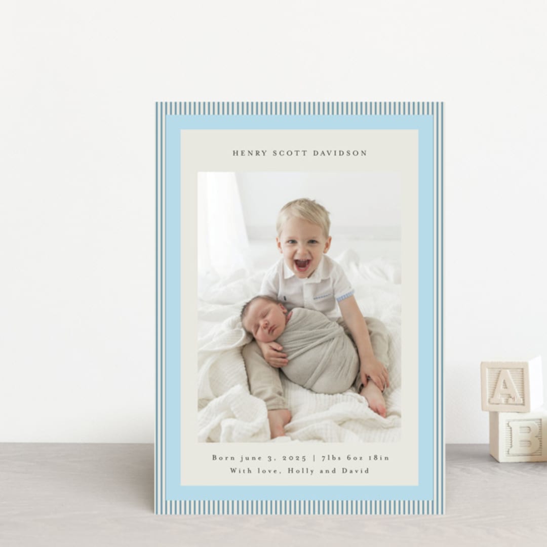 "Modern striped frame" - Birth Announcements in Powder Blue by Jackie Crawford - Front