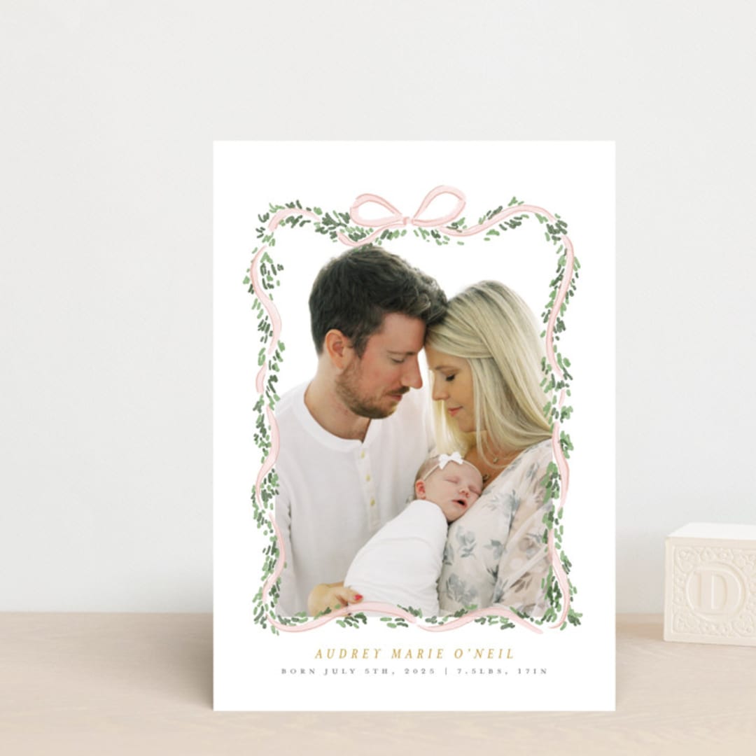 "Ribbonly Frame" - Birth Announcements in Blush by Itsy Belle Studio - Front