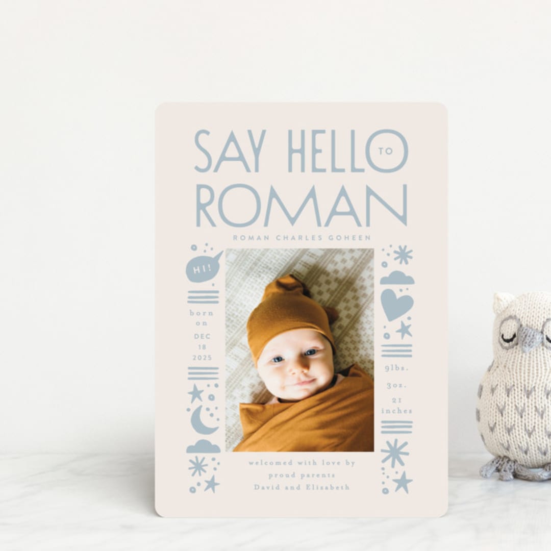 "Quirky Hello" - Birth Announcements in Powder Blue by Alethea and Ruth - Front