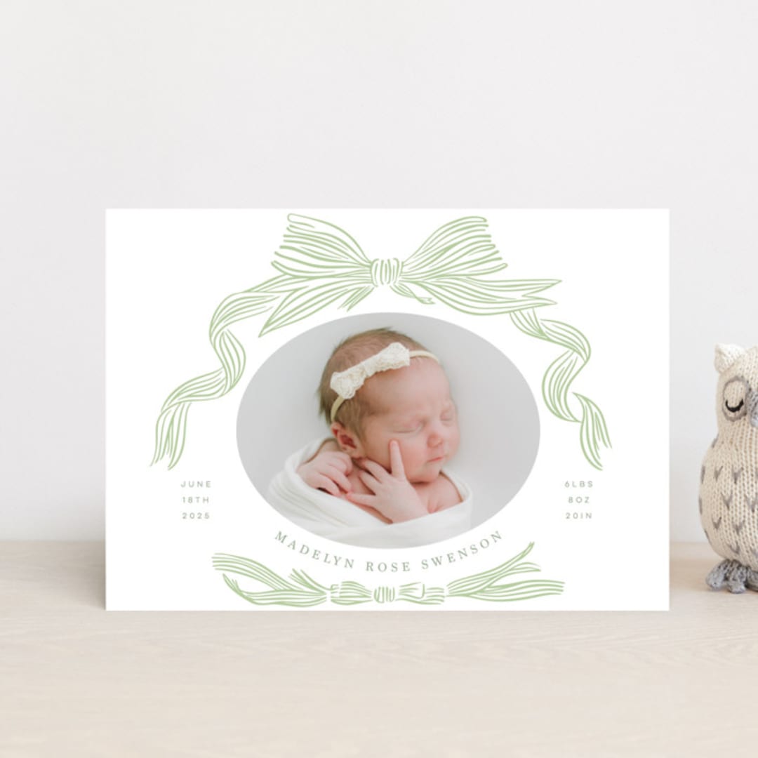 "Ribbon Bow Frame" - Birth Announcements in Mint by Stephanie Hawkes - Front