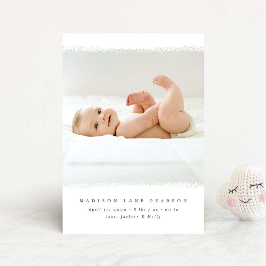 "Deckled Edge" - Birth Announcements in Dove by Amy Payne - Front