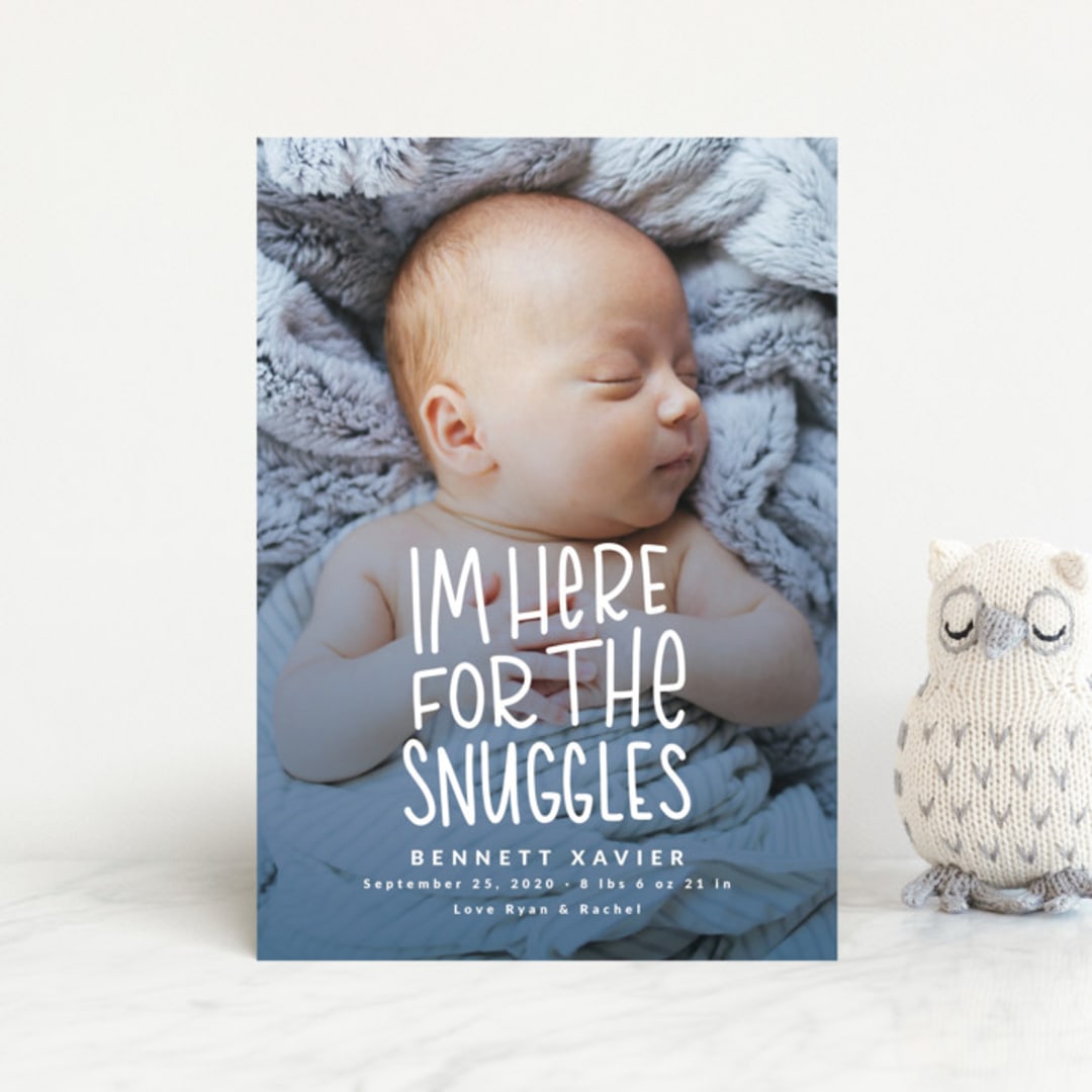 "Snuggles" - Birth Announcements in Dusty Blue by Megan Cash - Front