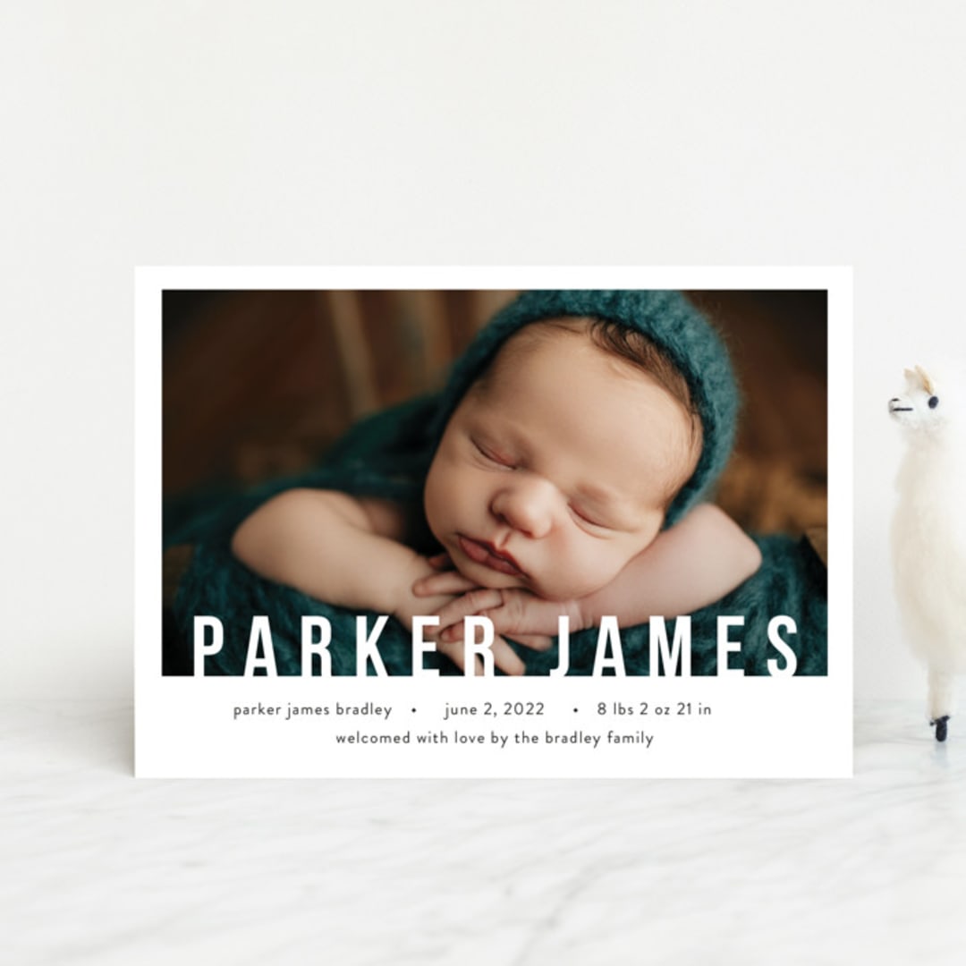 "Bold Overlay" - Birth Announcements in Cloud by Wonderment Paper Co. - Front